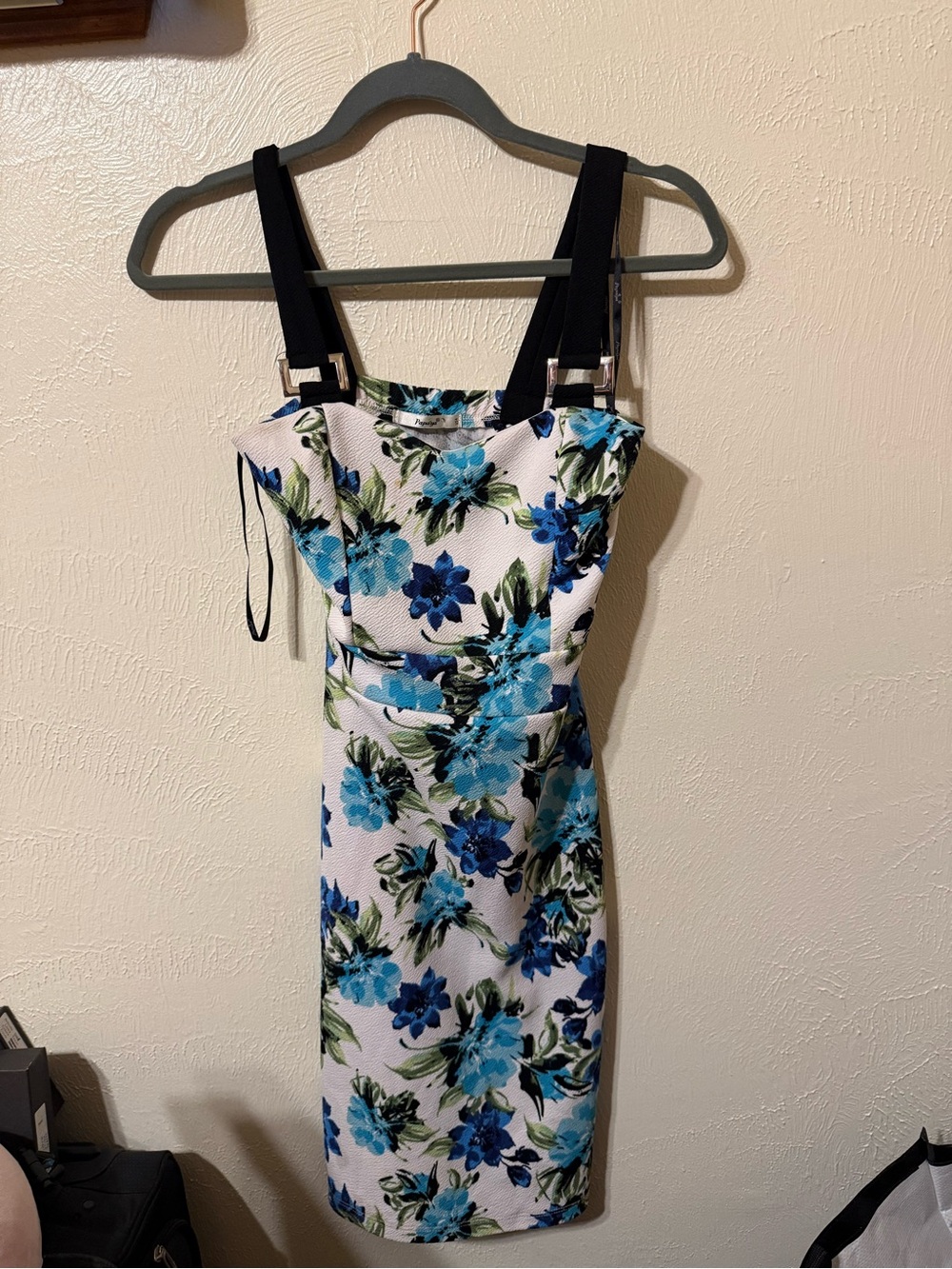 Papaya White Midi Dress with Blue Floral Print and Black Straps